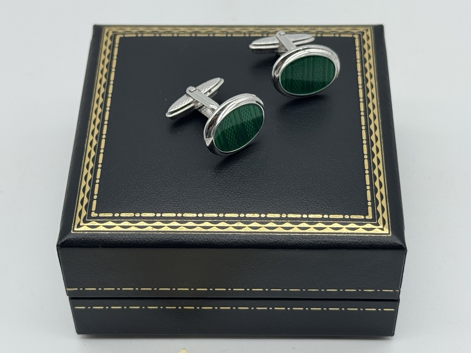 DUNHILL 925 SILVER GUILLOCHE GREEN ENAMEL CUFFLINKS MINT 100% GENUINE ~$550 RARE