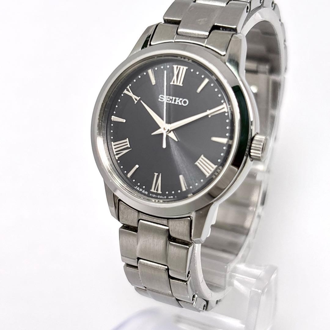 SEIKO V131-0AF0 Solar Ladies Watch Quartz Round Roman Black Dial Stainless Steel