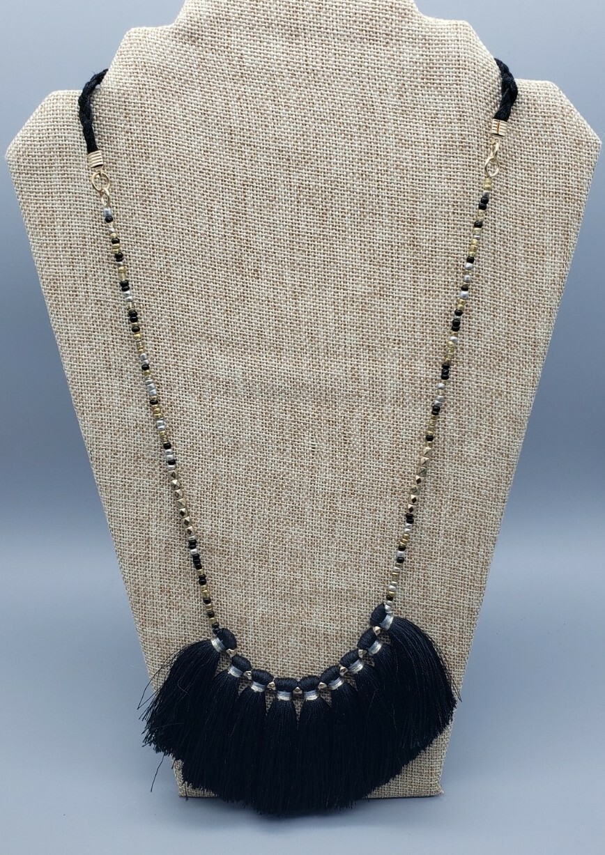 Gold, Silver and Black Tone Beaded Tassels Necklace 26 in. Adjustable