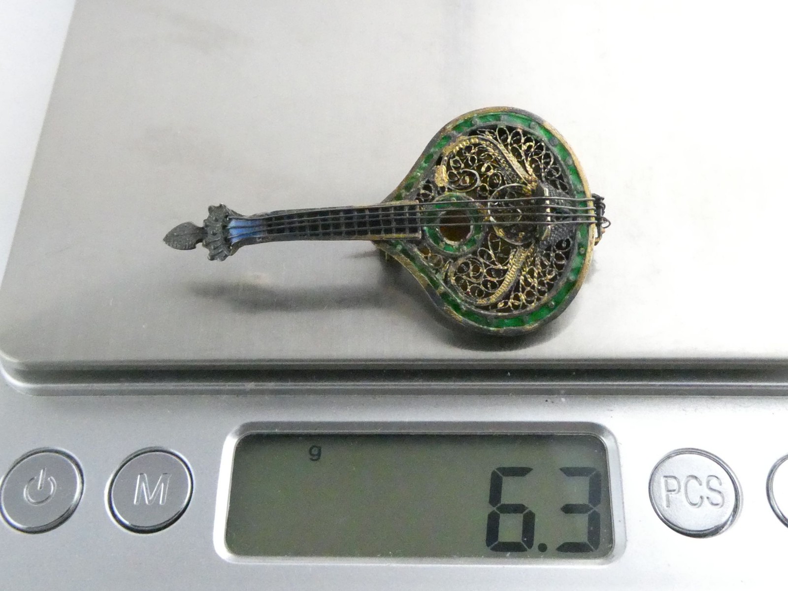 Vintage Sterling Silver Enamel Filigree Guitar Brooch Rosas de Portugal 6g 2 In