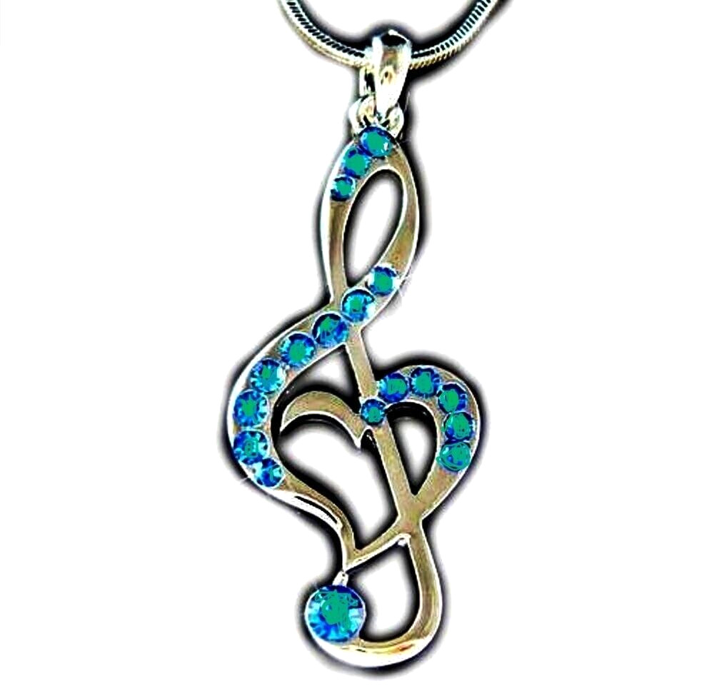 Silver Tone Blue Crystal Treble G Clef Music Note Heart Pendant Chain Necklace