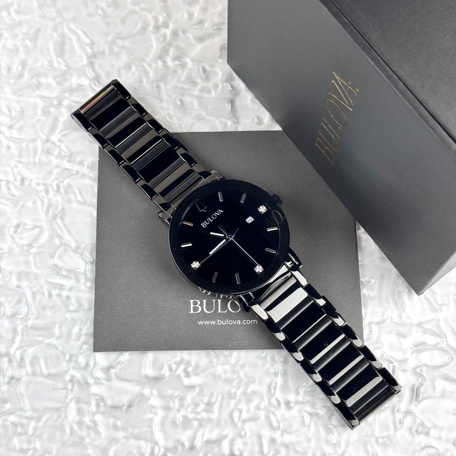 BULOVA Men’s Futuro Modern 98D144 Black Quartz Diamond Calendar Watch 42MM