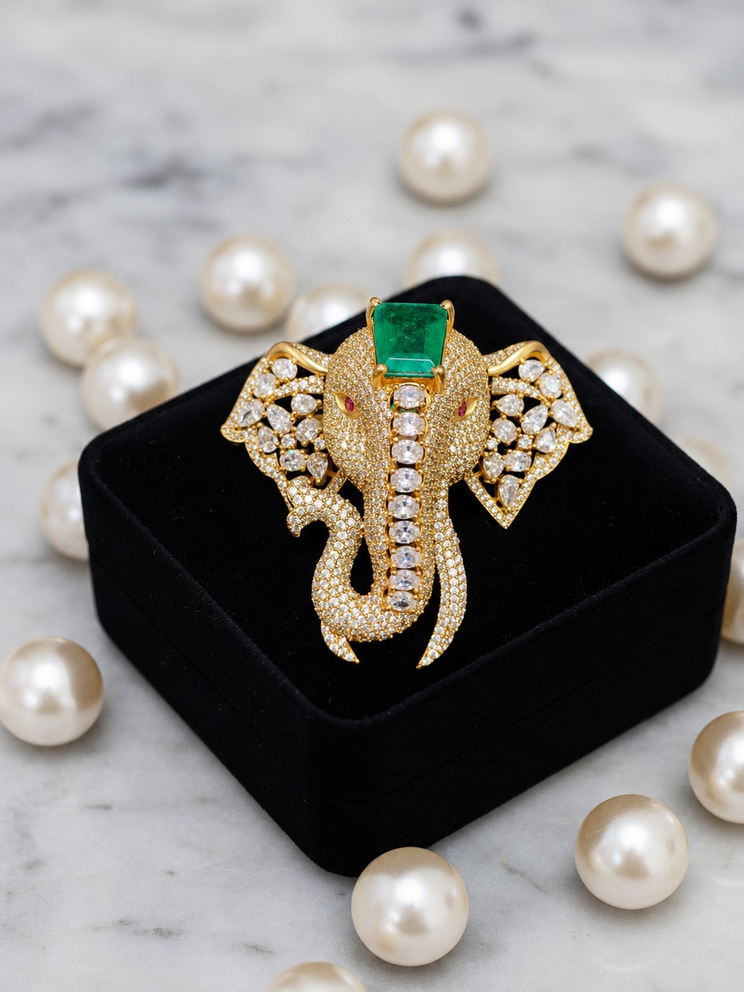 Luxury Elephant Head Brooch Pin Gold Plated Brass AAA AD Doublet Stone Brooch