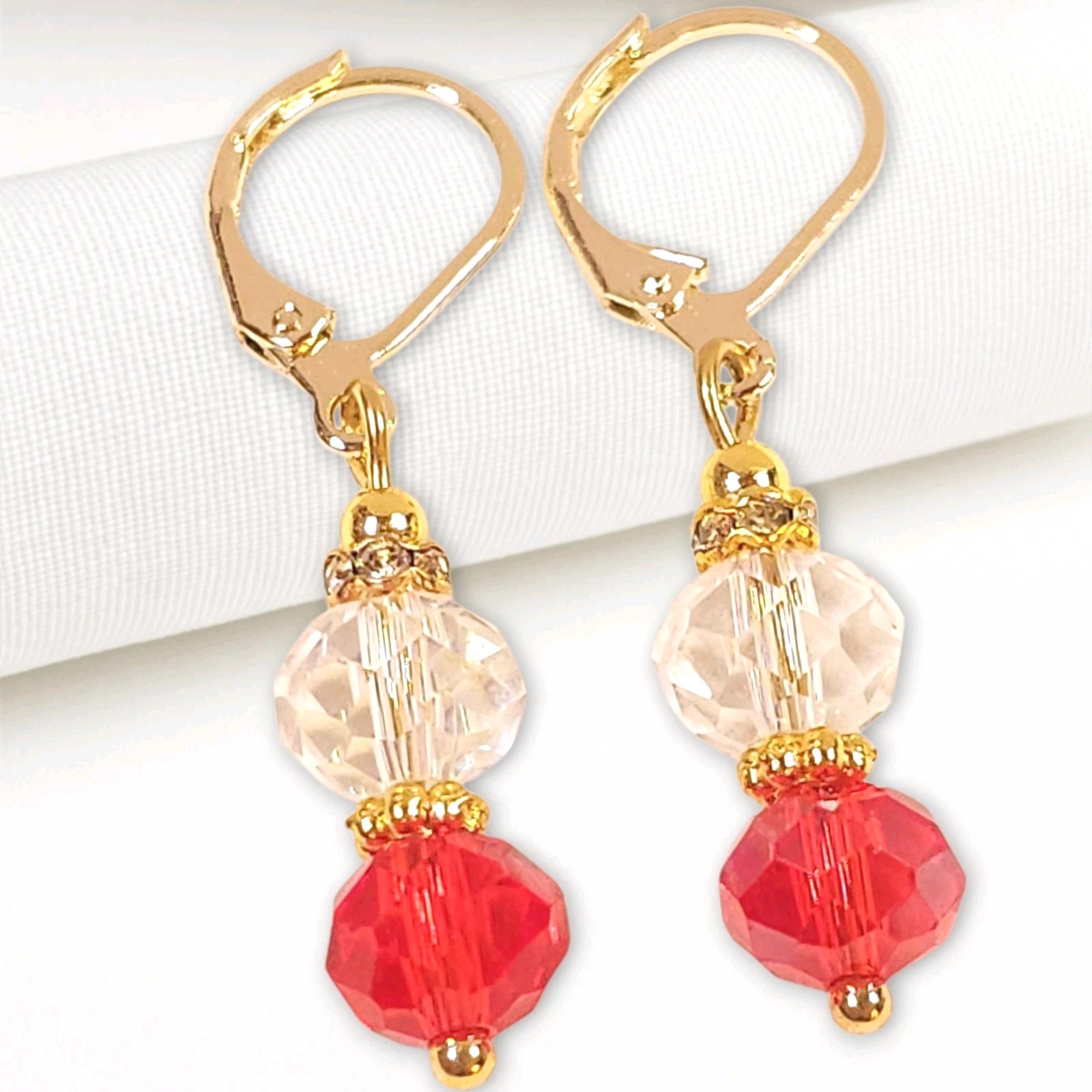 Red & White Crystal Earrings Gold Plated Dangle Drop Leverback Handmade