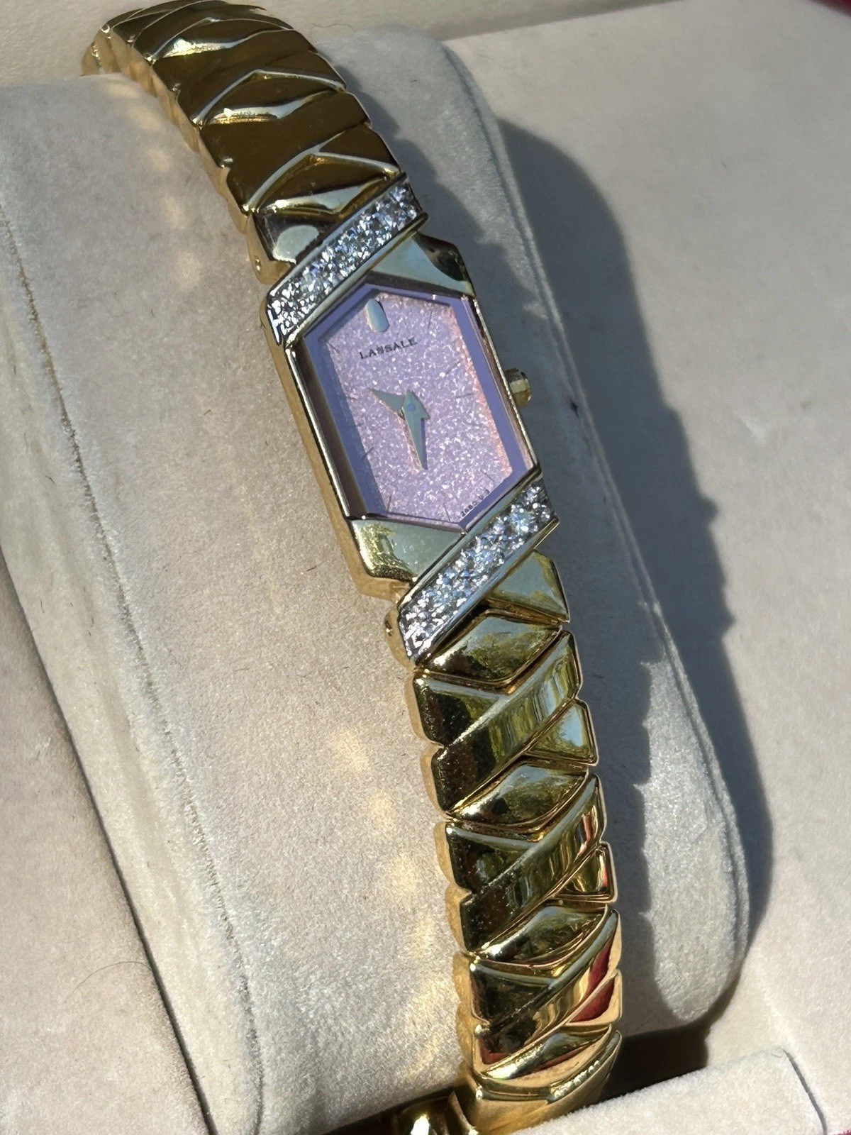 Seiko LaSalle Gold Plated Diamond Quartz Runs Pink Dial Sz 6 1/4 to 6 1/2