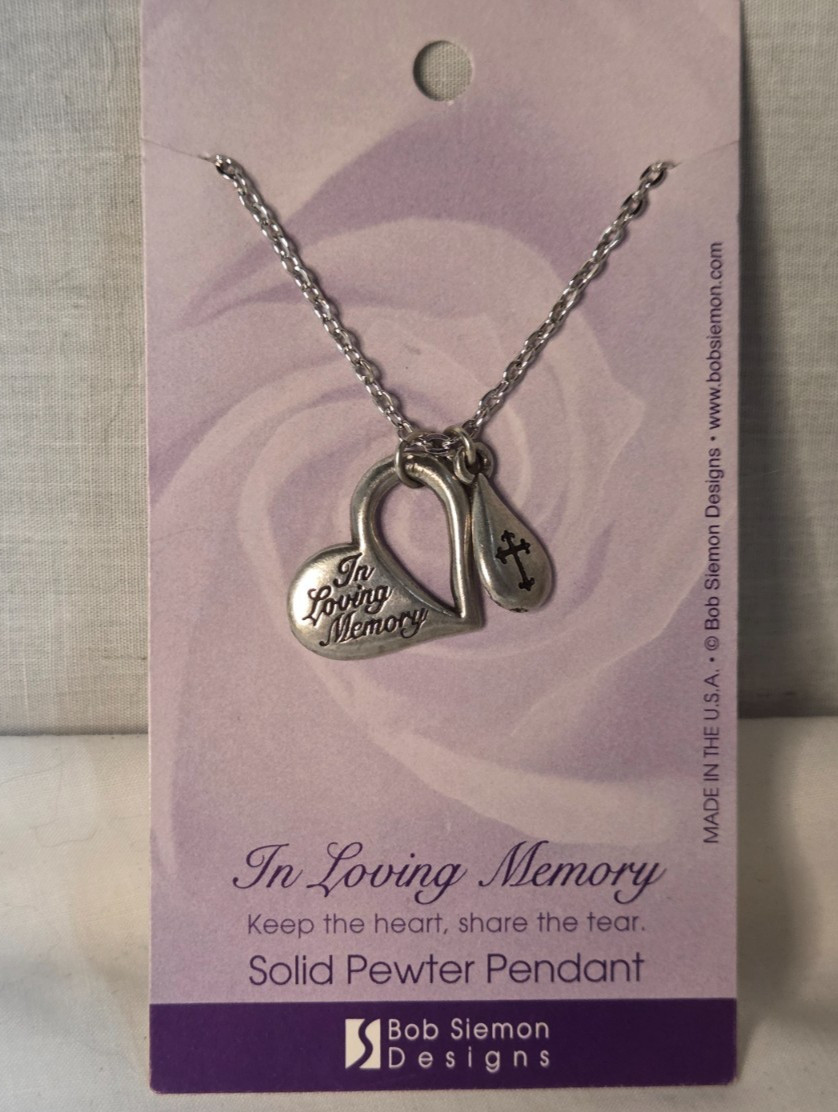 Bob Siemon Pewter In Loving Memory Heart Cross Pendant Necklace 10” Rev 21.4