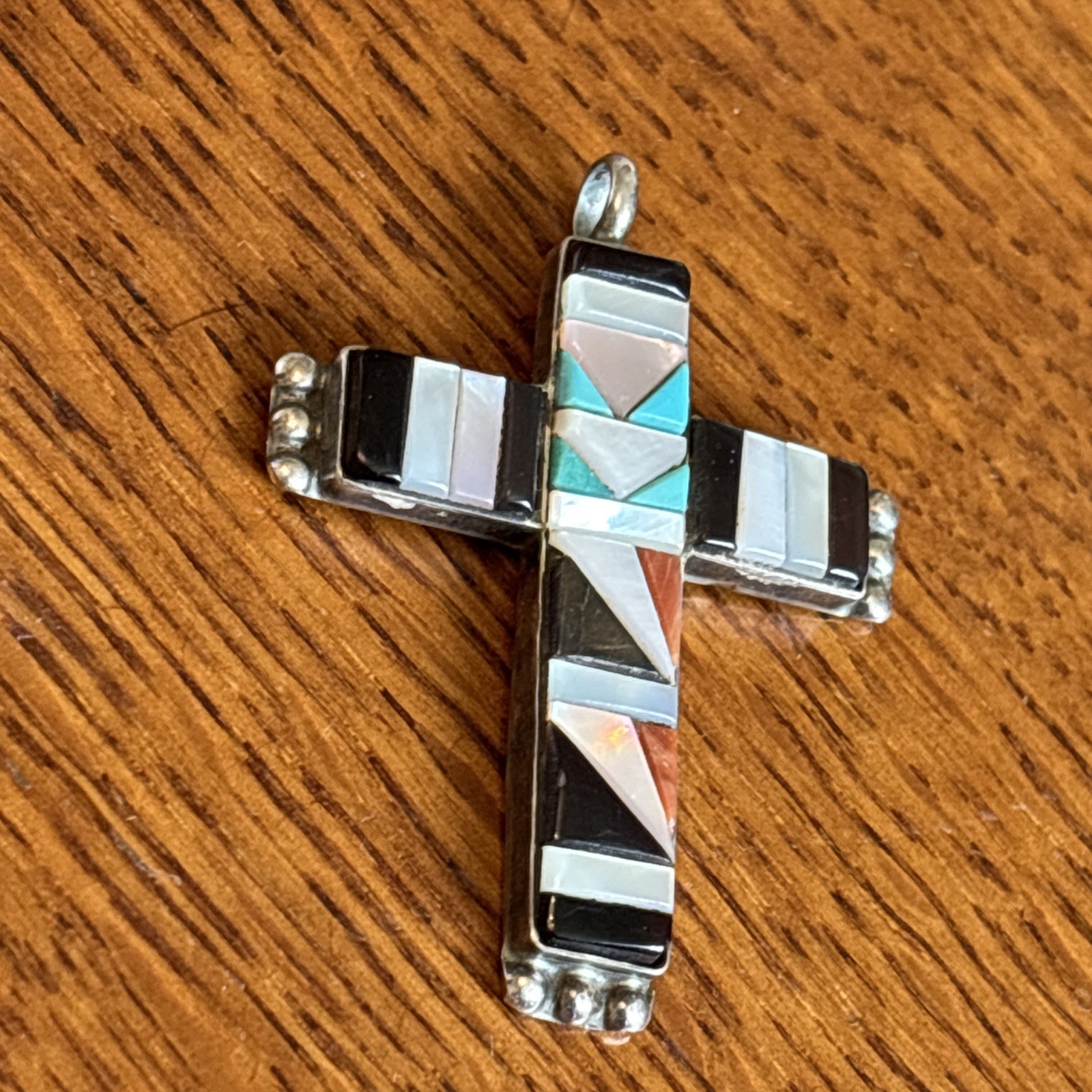C C Zuni Cross Pendant Sterling Silver Vintage Superb Cobblestone Turquoise Wz