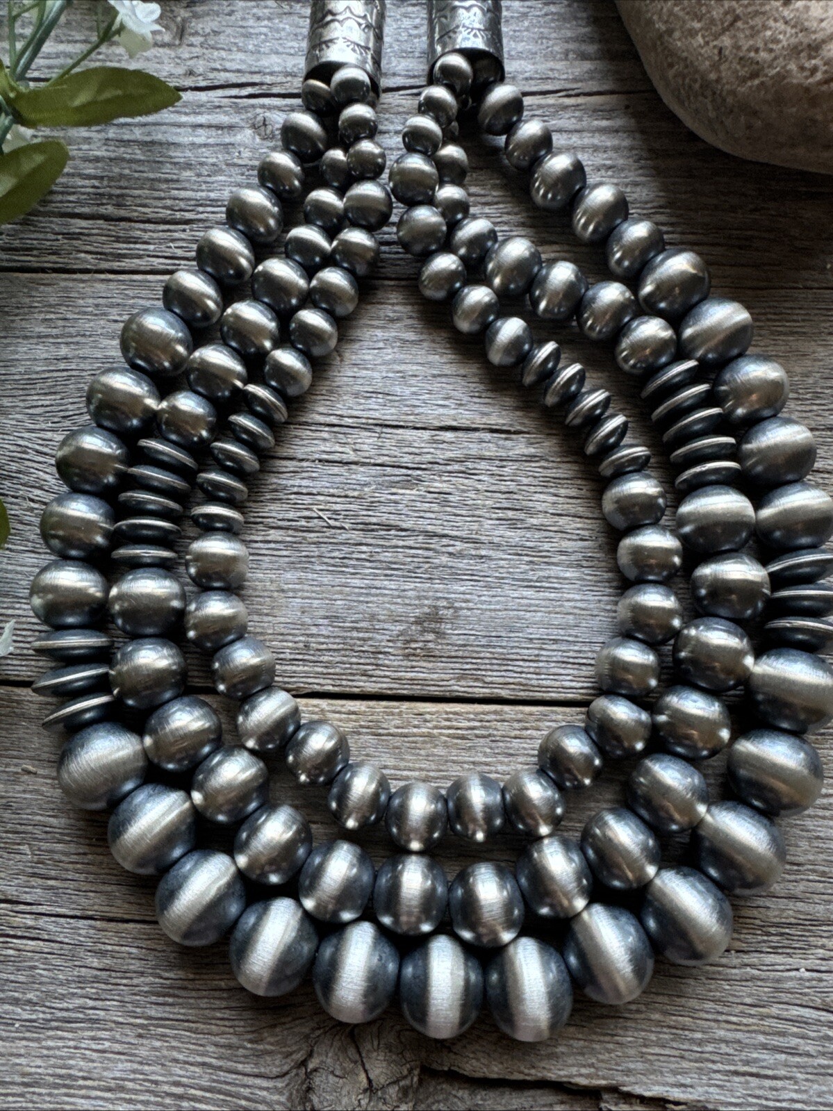 Sterling Silver Layered Multi Strand Pearls Bead Necklace 22 Inch “Navajo Style”