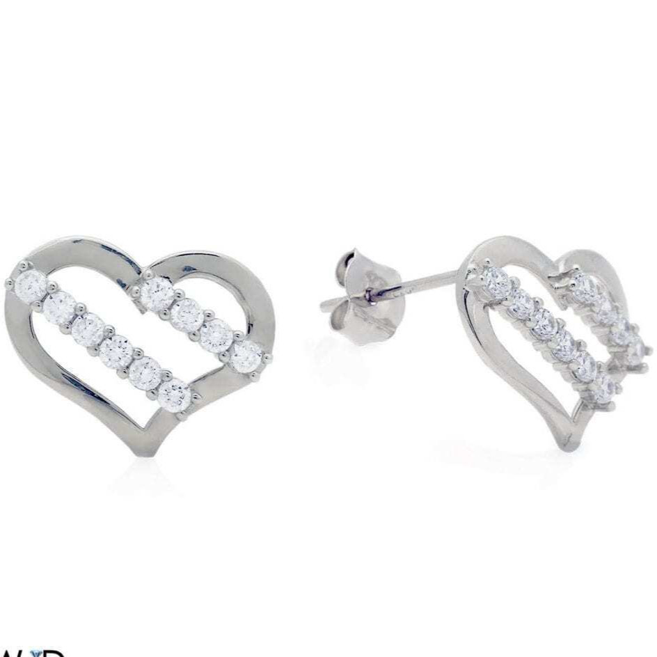 14K White Gold 0.30Ct Simulated Diamond Stripes Open Heart Stud Earrings