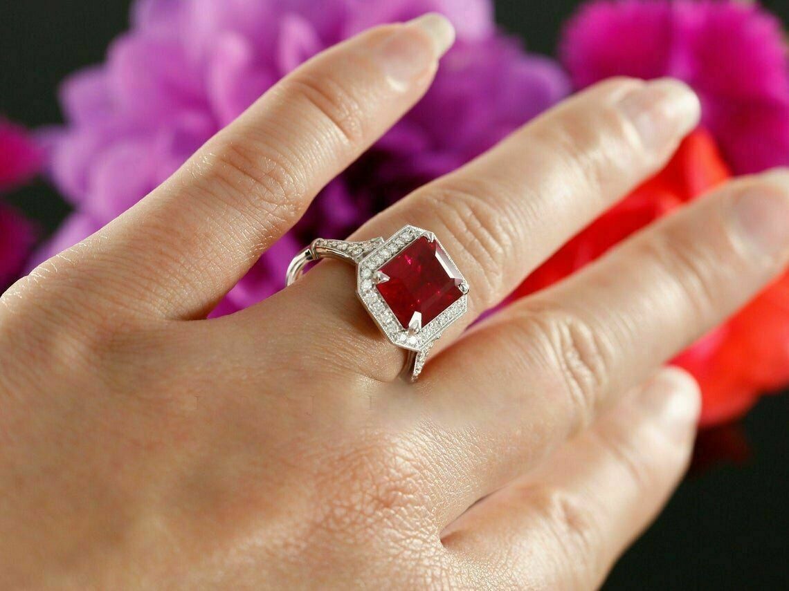 2.92 Ct Emerald Cut Natural Ruby & Diamond Anniversary Ring 14K WhiteGold Size 7