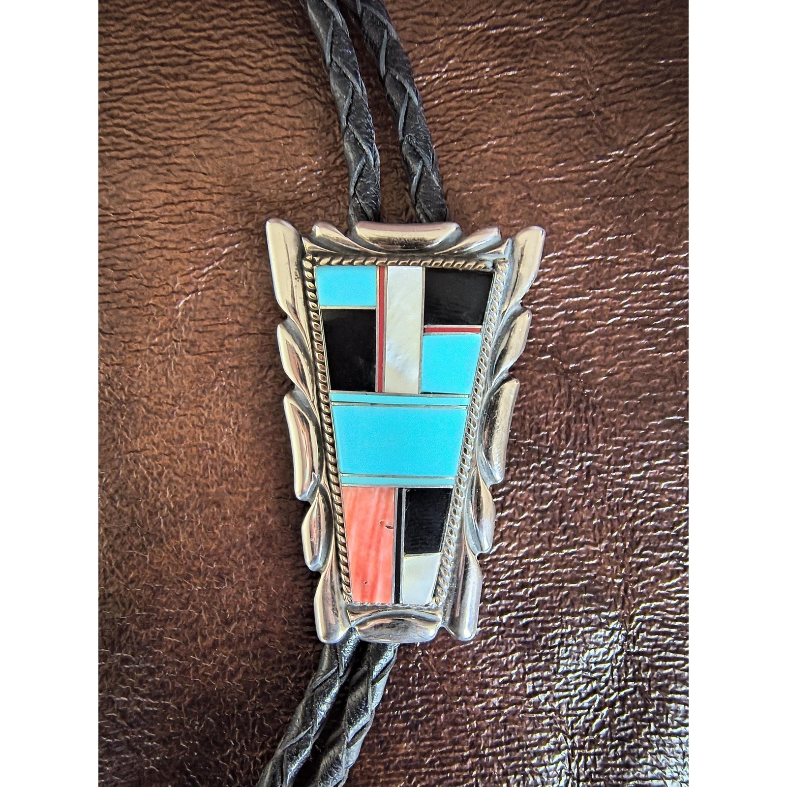 Old Sterling Silver Inlay Bolo Tie – Turquoise, Onyx, MOP & Spiny Oyster