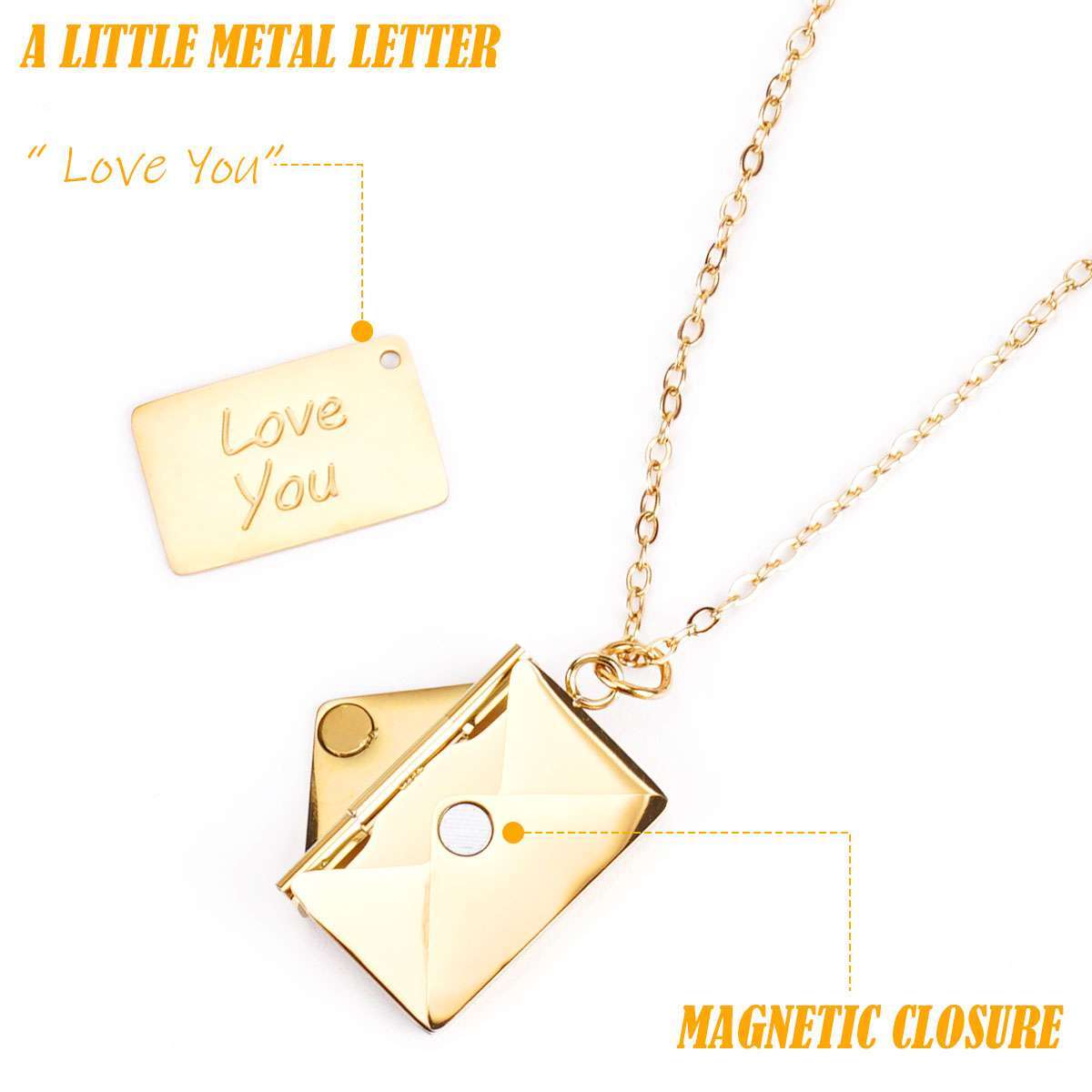 Men Women Stainless Steel “Love You” Letter Envelope Pendant Necklace 17.7″