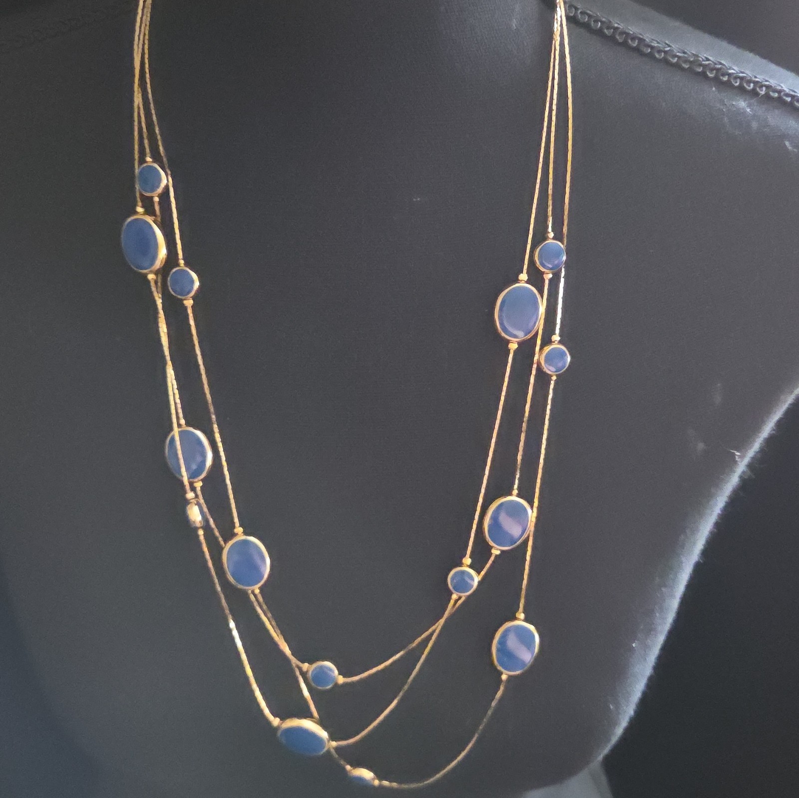 Avon Goldtone and Navy Blue Beaded Three Strand 30″ Necklace 1980’s