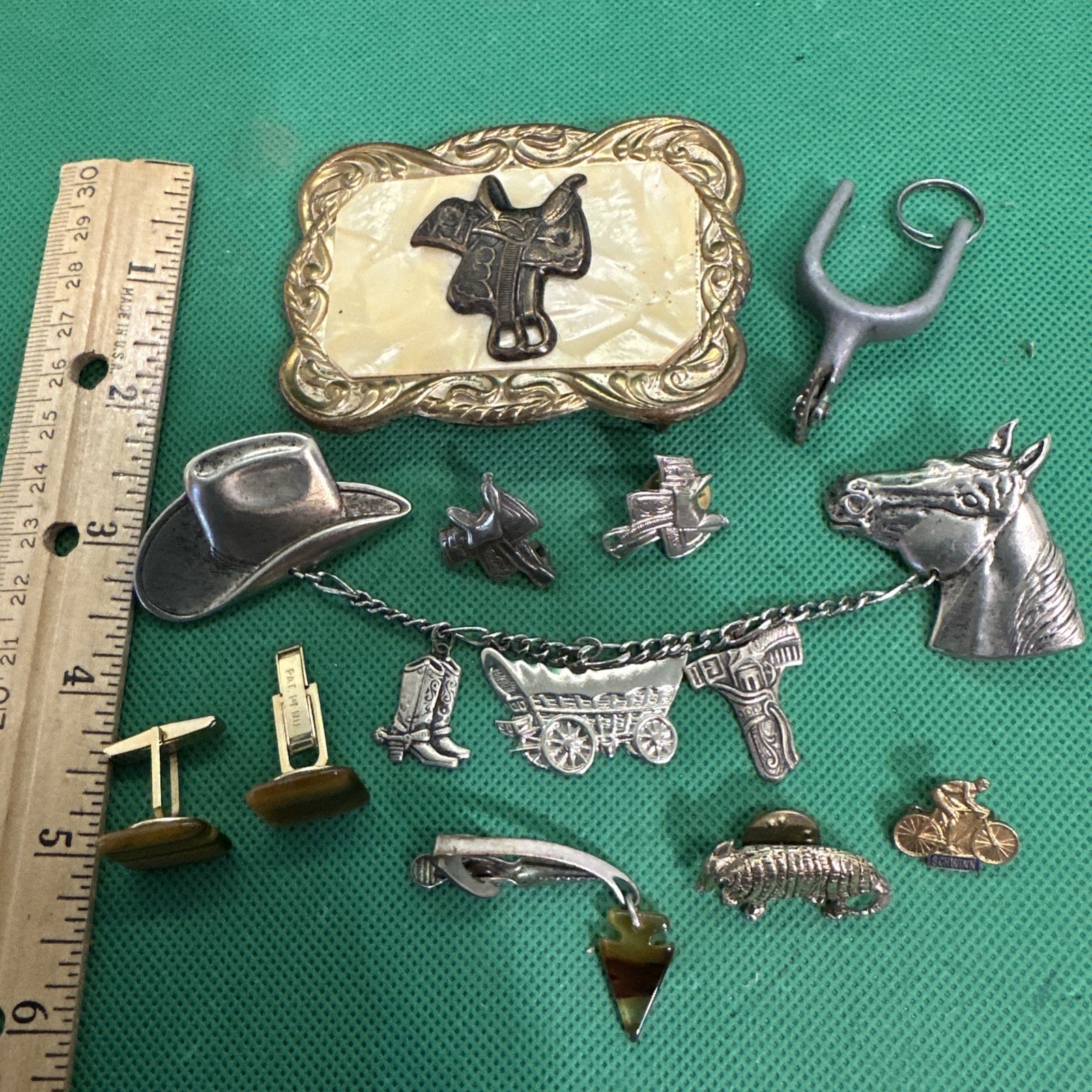 Grandpa’s Men’s Estate Lot Western Buckle Saddle Schwinn Arrowhead Tie Tack Etc