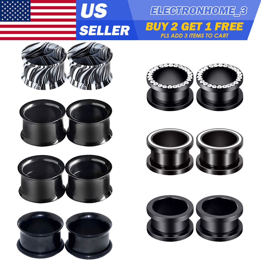 Pair Black Stainless Steel Ear Flesh Tunnel Plugs Hollow Ear Expander Gauges