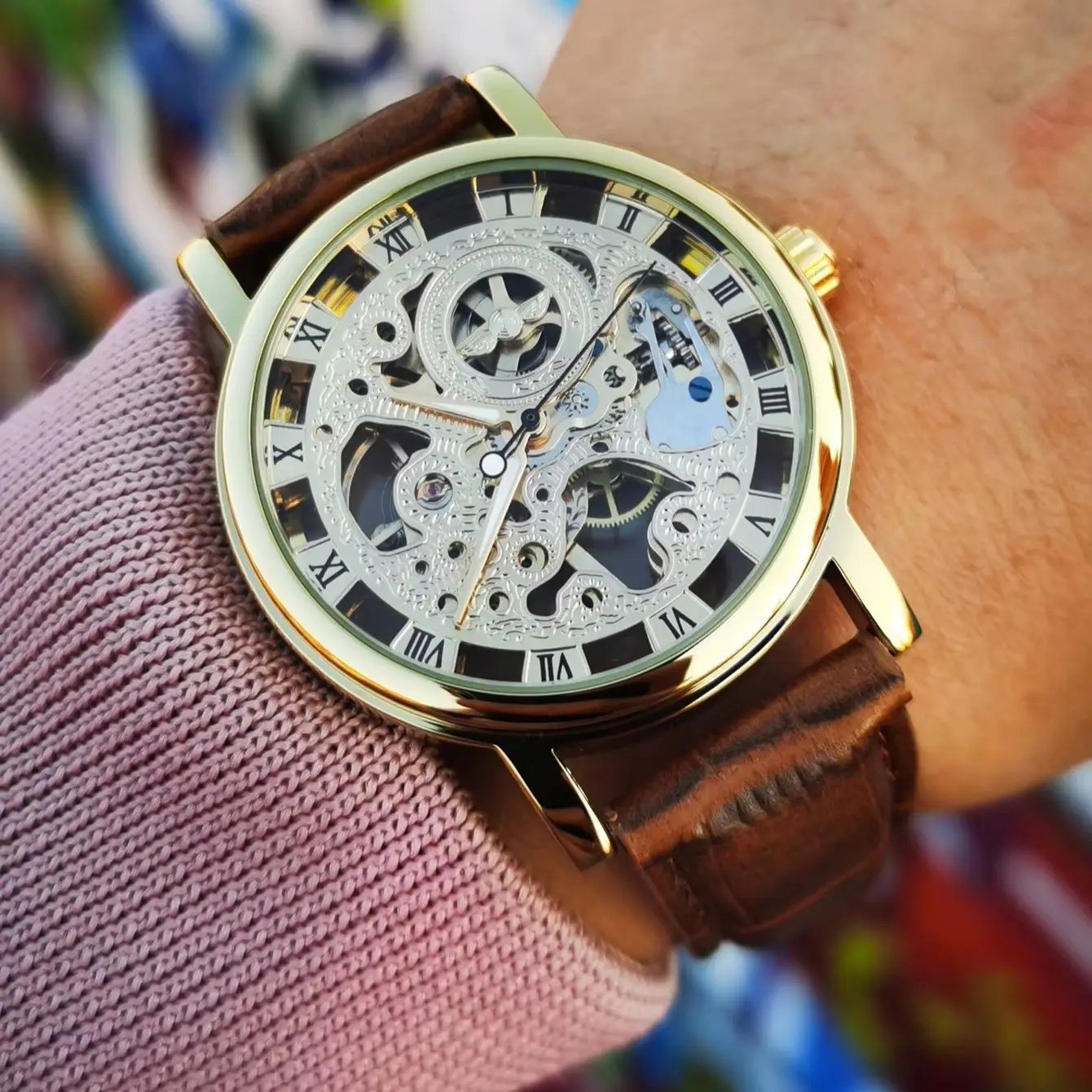 Jacob Transparent Gold Skeleton Mechanical Watch Casual Leather Strap Men
