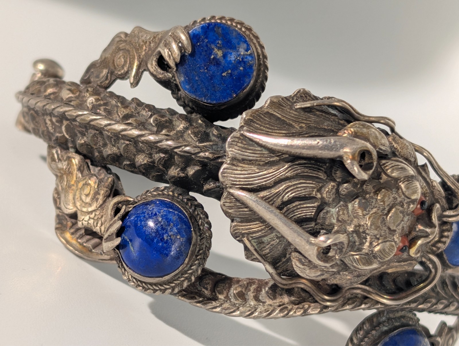 Vintage Chinese Export Sterling Silver 925 Dragon Bangle with Lapis Coral 38g