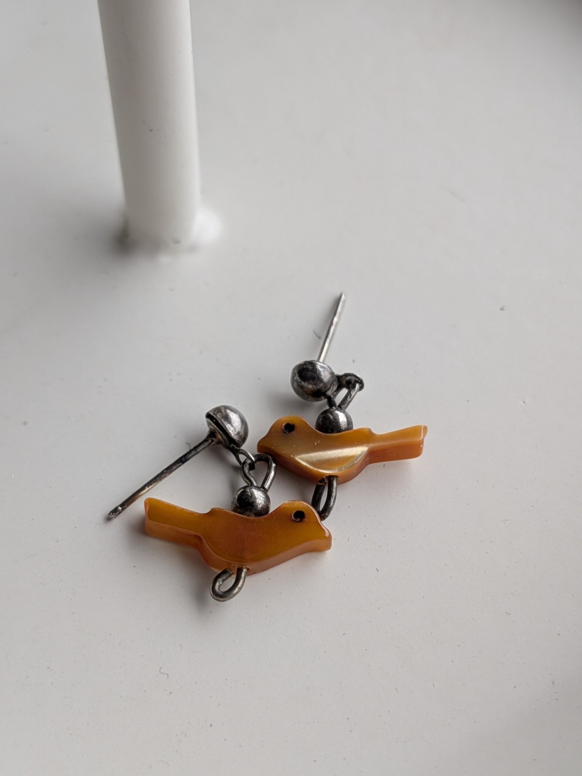 MCM Dainty Fetish Pierced Silver Tone Earrings Carved Orange Brown Shell Birds
