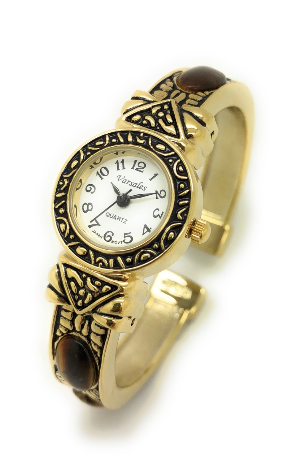 Varsales Ladies Elegant Metal Bangle Cuff Fashion Quartz Watch Tiger Eye Stones