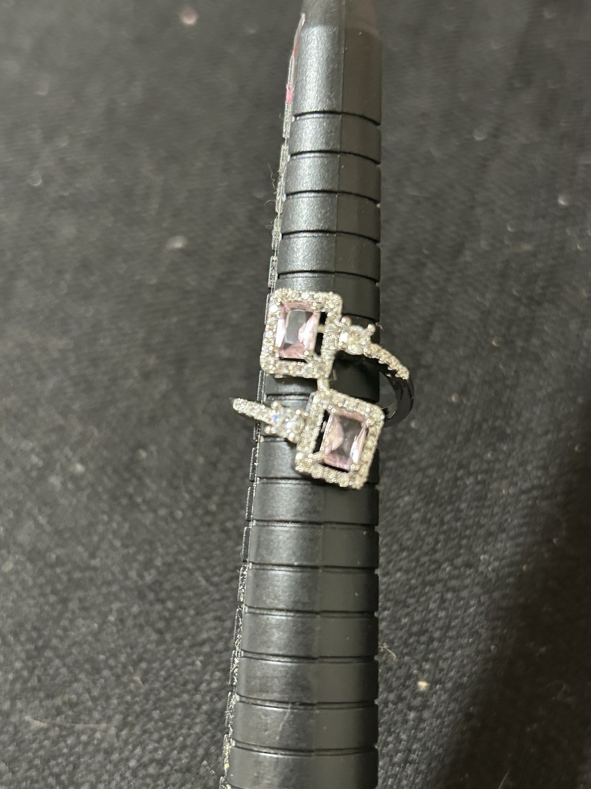 Bypass Style Square Pink W/ Clear Rhinestones Halo Cocktail Ring Size 5.5