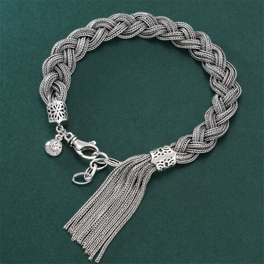 Pure S925 Sterling Silver Chain 10mm Wheat Tassel Link Bracelet 29-30g 7.9-9.4in