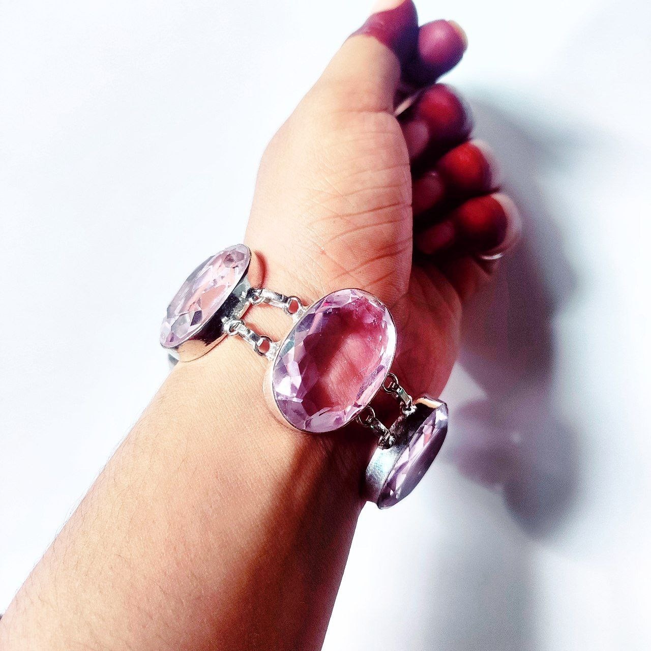 Alluring Pink Kunzite Gemstone 925 Sterling Silver Handmade Jewelry Bracelet 8″