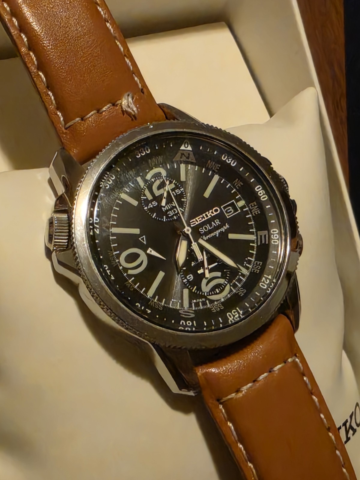 Seiko SSC081 Prospex Men’s Black Field Pilot Watch Solar Chronograph Compass