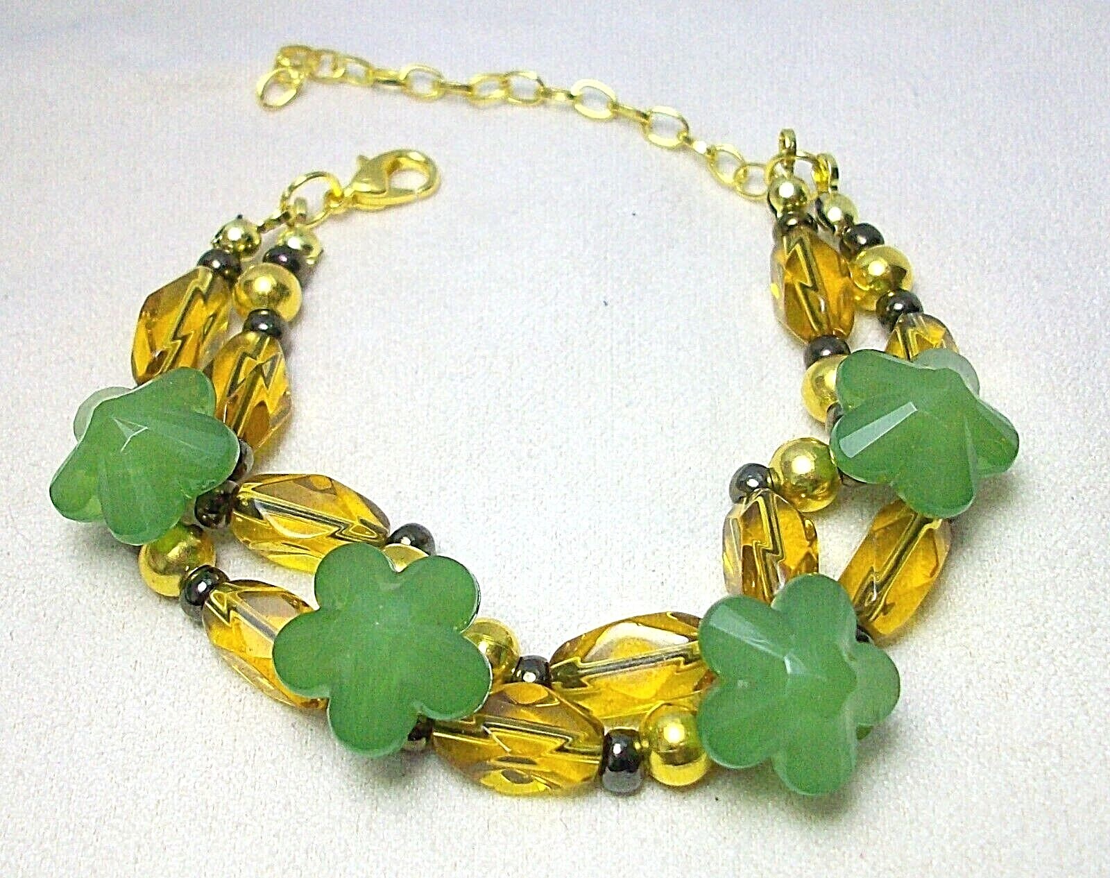 NEW GREEN GOLD BROWN FLOWERS BEADS BRACELET LENGTH 7.5 – 9.5 INCHES