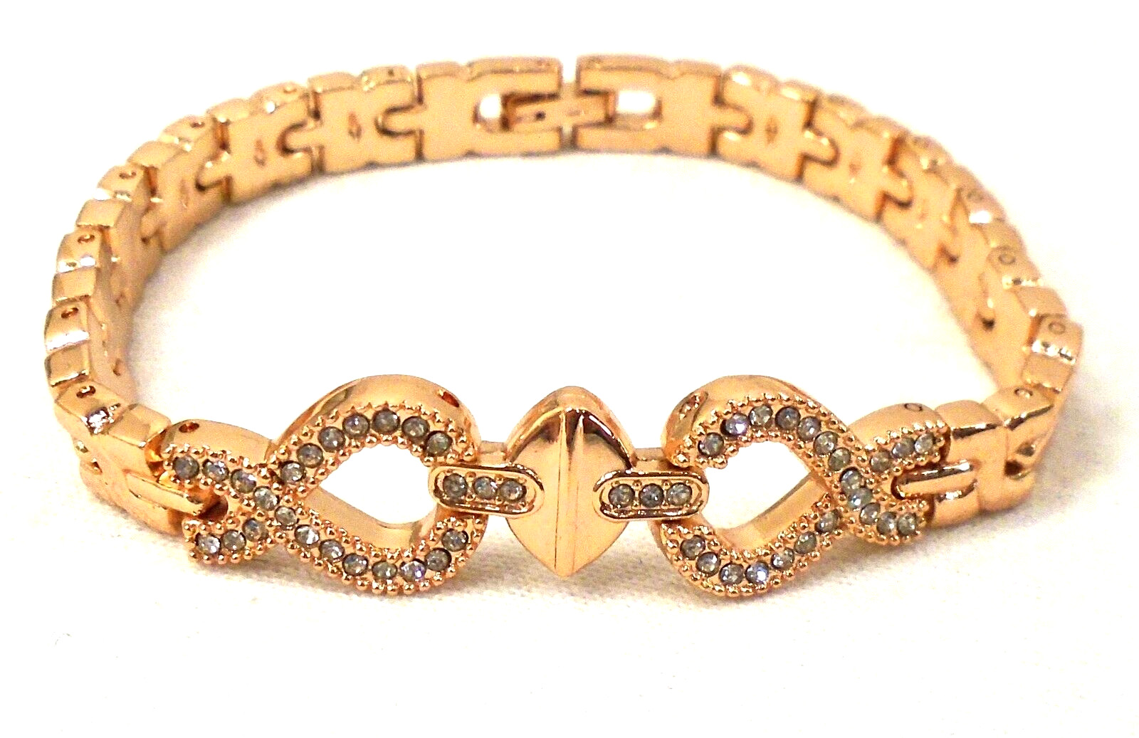 Rose Gold Colored Rhinestone Link Bracelet Fold Over Clasp 7.5″