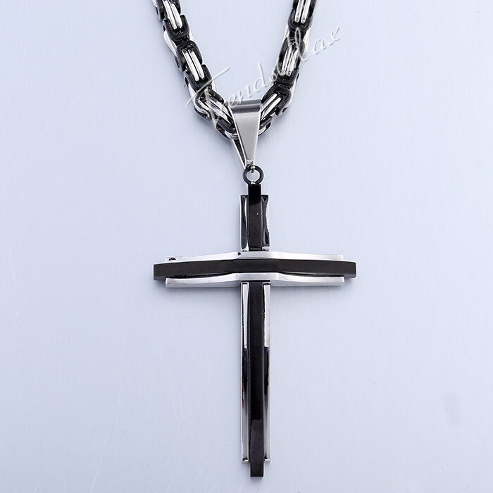 18-30″ Men Boys Black Stainless Steel Cross Pendant Necklace Byzantine Box Chain