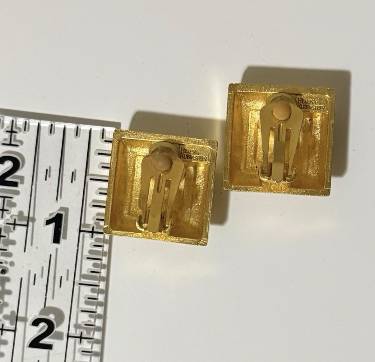 Helena Rubinstein Signed Vintage Gold Tone Square Stud Clip-On Earrings, Metal