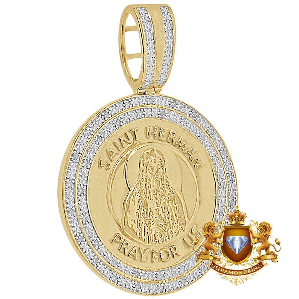 Unisex Real Genuine Diamond Saint Herman Round Medallion Charm Pendent 10k Over