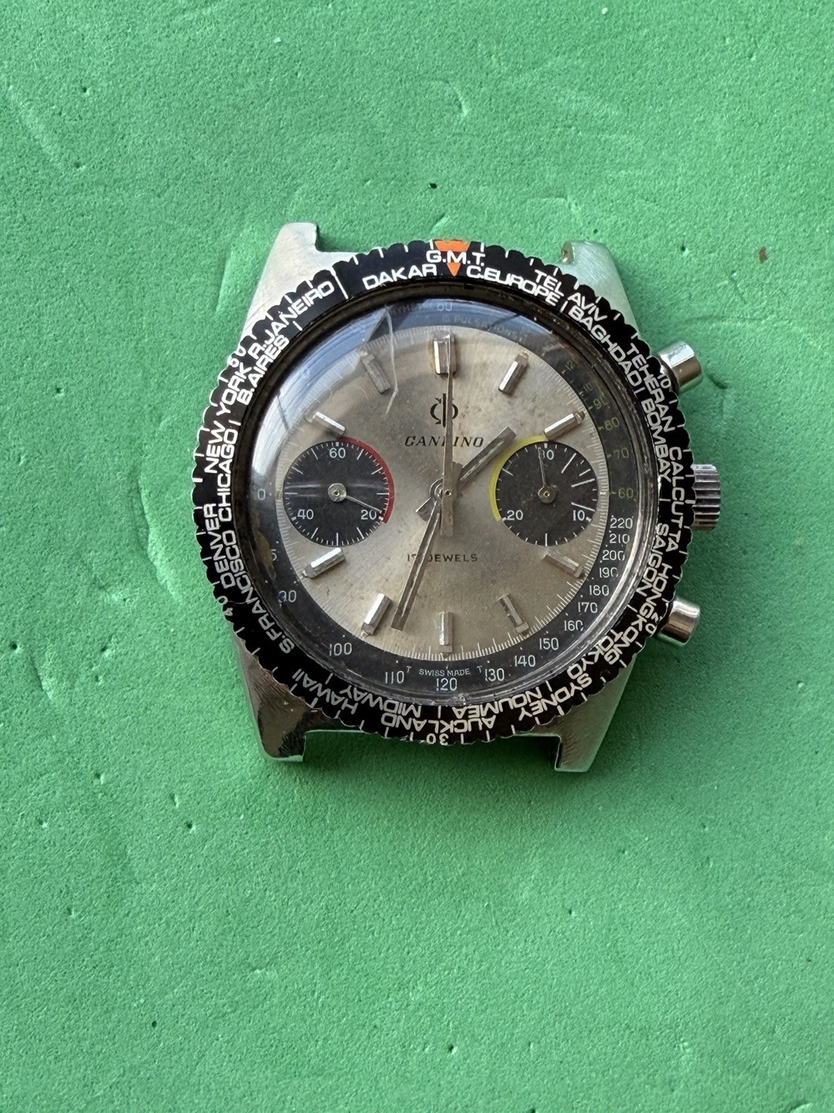 Vintage CANDINO PANDA Dial Chronograph World Time Bezel Valjoux 7733
