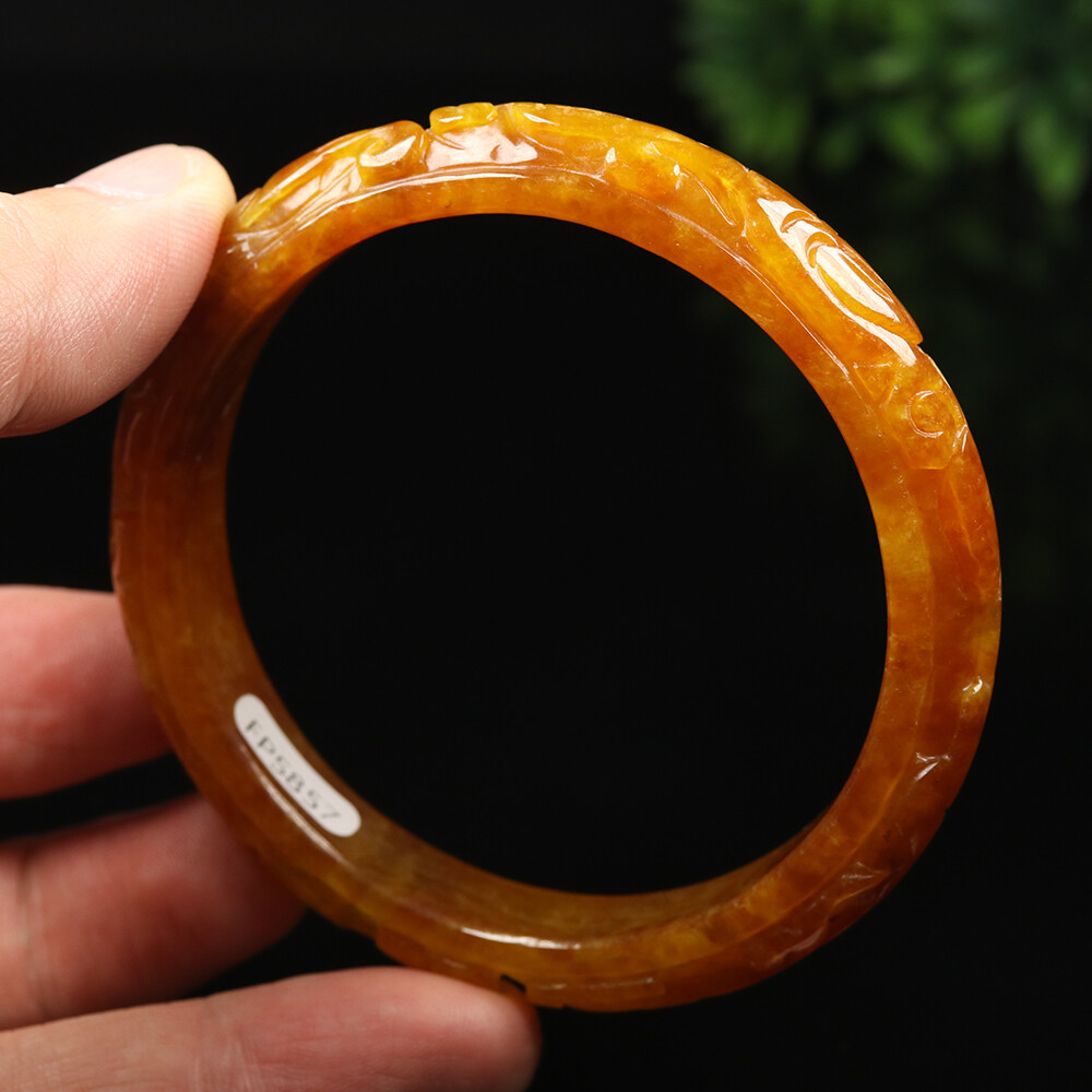 61mm Yellow Brown Jadeite Jade Bracelet Bangle Bat Lotus Burma Jade A-11767
