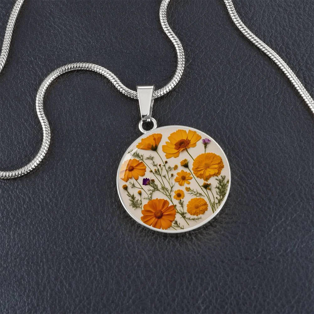 October Birth Month Flower Necklace Marigolds and Cosmos Pendant