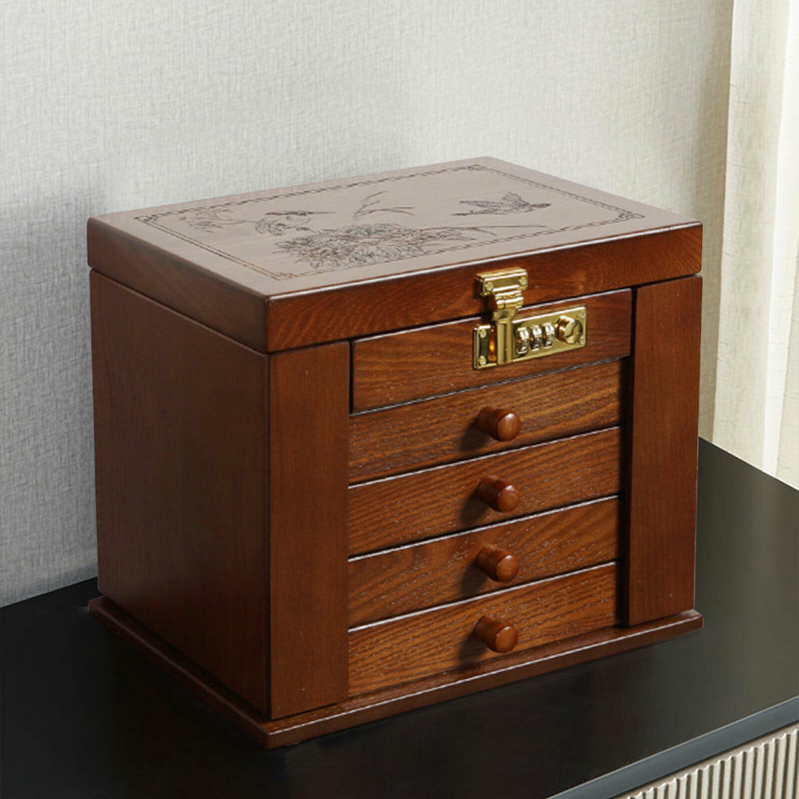 5 Layers Vintage Large Jewelry Organizer Wooden Storage Box Case with 4 Drawers