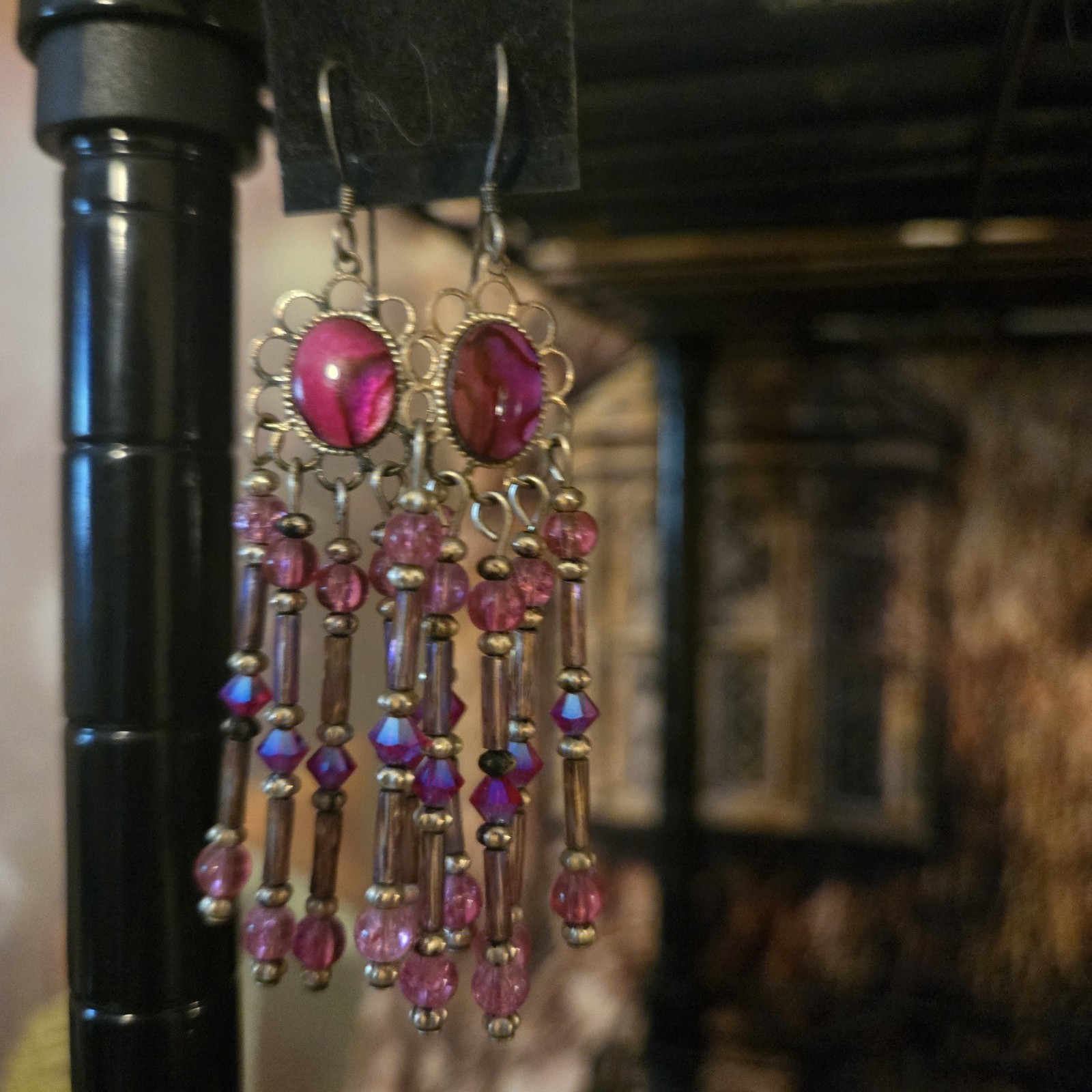 Pair Of Pink Earrings, Paua Shell And Beaded Sterling Silver Wires Made In Idaho
