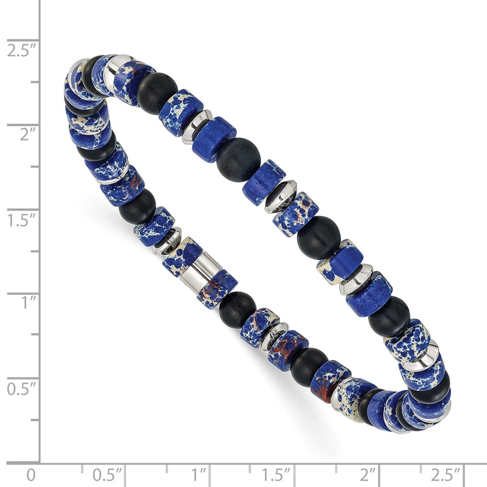 Stainless Steel 6.40mm Blue Emperor and Black Onyx Beaded Stretch Bracelet 7.5″