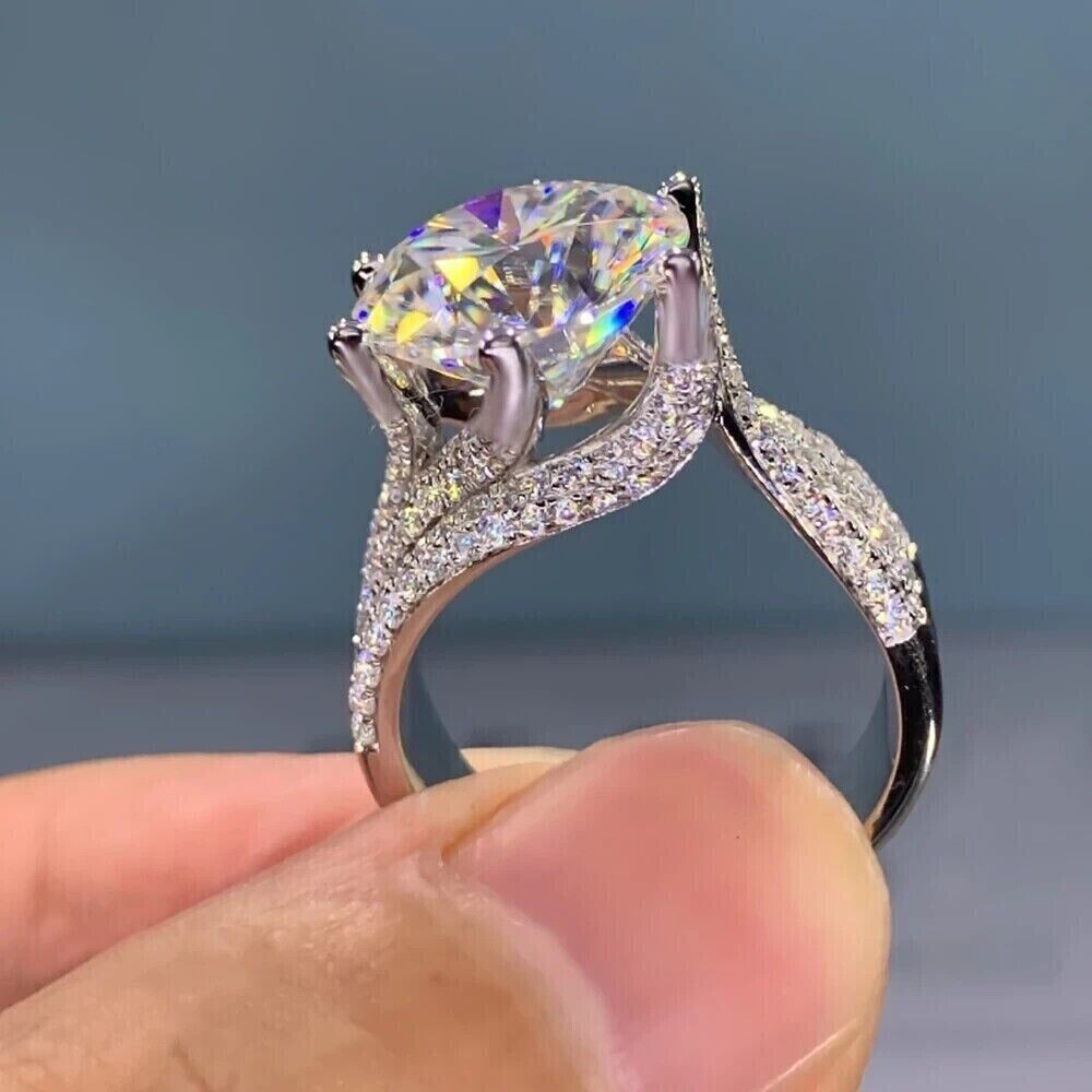 5 Carat Round Cut Moissanite Engagement Wedding Ring Real S925 Sterling Silver