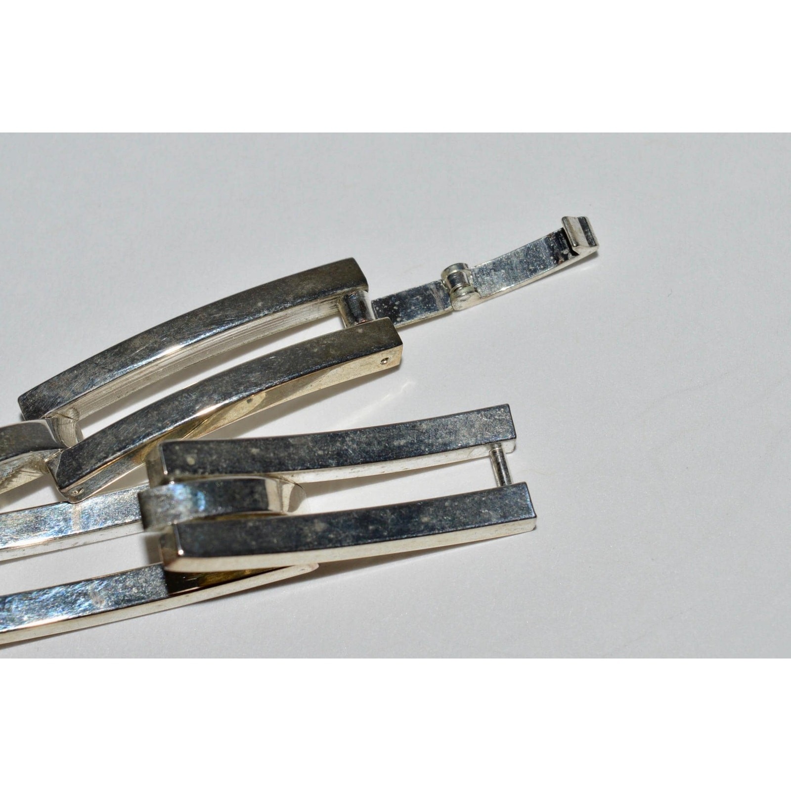 Sterling Silver Link Bracelet, Modernist 5 Link Bracelet Hidden Fold Over Clasp