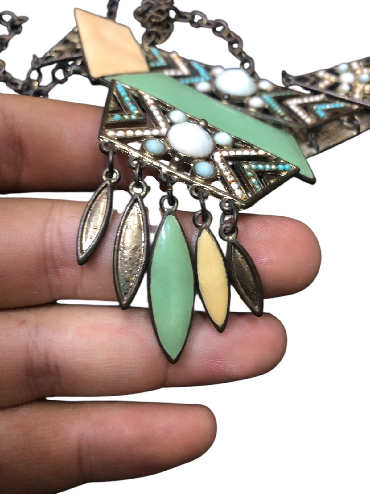 Vintage Antique Copper Statement Necklace Tribal Boho Multicolor Pendant
