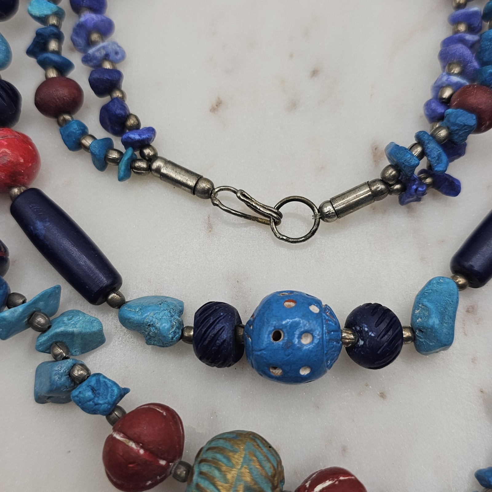 Vintage Artisan Beaded Necklace Mixed Media Tribal Ethnic 28″ Handmade Unsigned