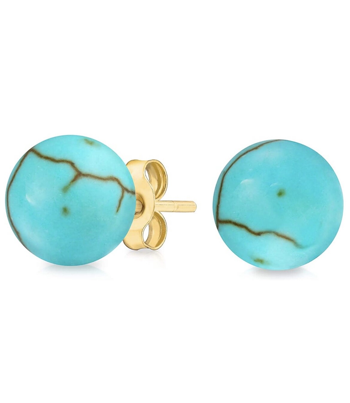 14k Solid Yellow Gold Genuine Turquoise Ball Studs Earrings For Ladies