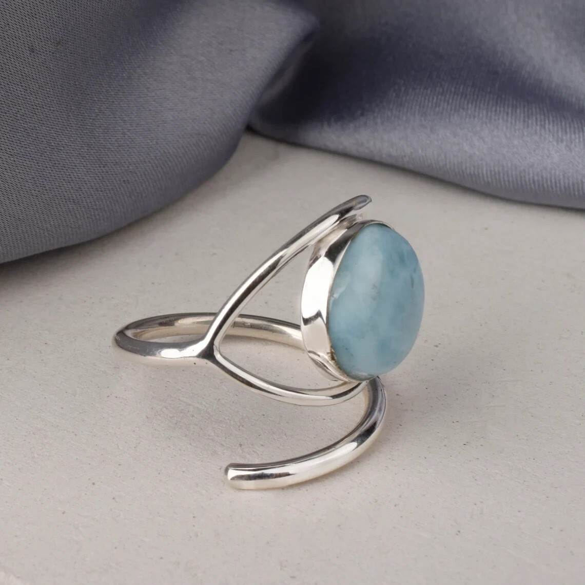 Unique Evil Eye Larimar Ring 925 Sterling Silver Adjustable Ring Gift For Her
