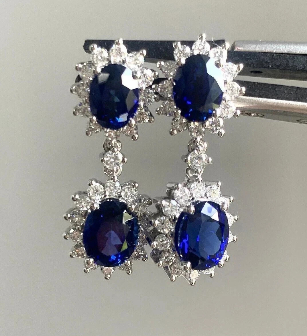 9.00 Ct Certified 14K White Gold Oval Natural Blue Sapphire & Diamond Earrings