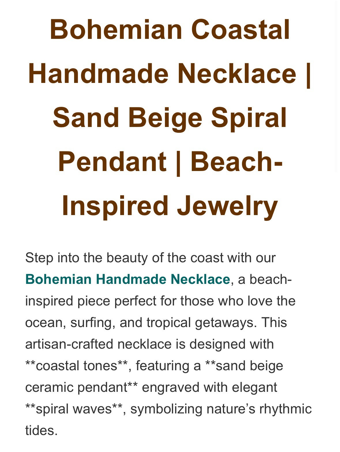 Bohemian Coastal Handmade Necklace | Sand Beige Spiral Pendant | Beach-Inspired