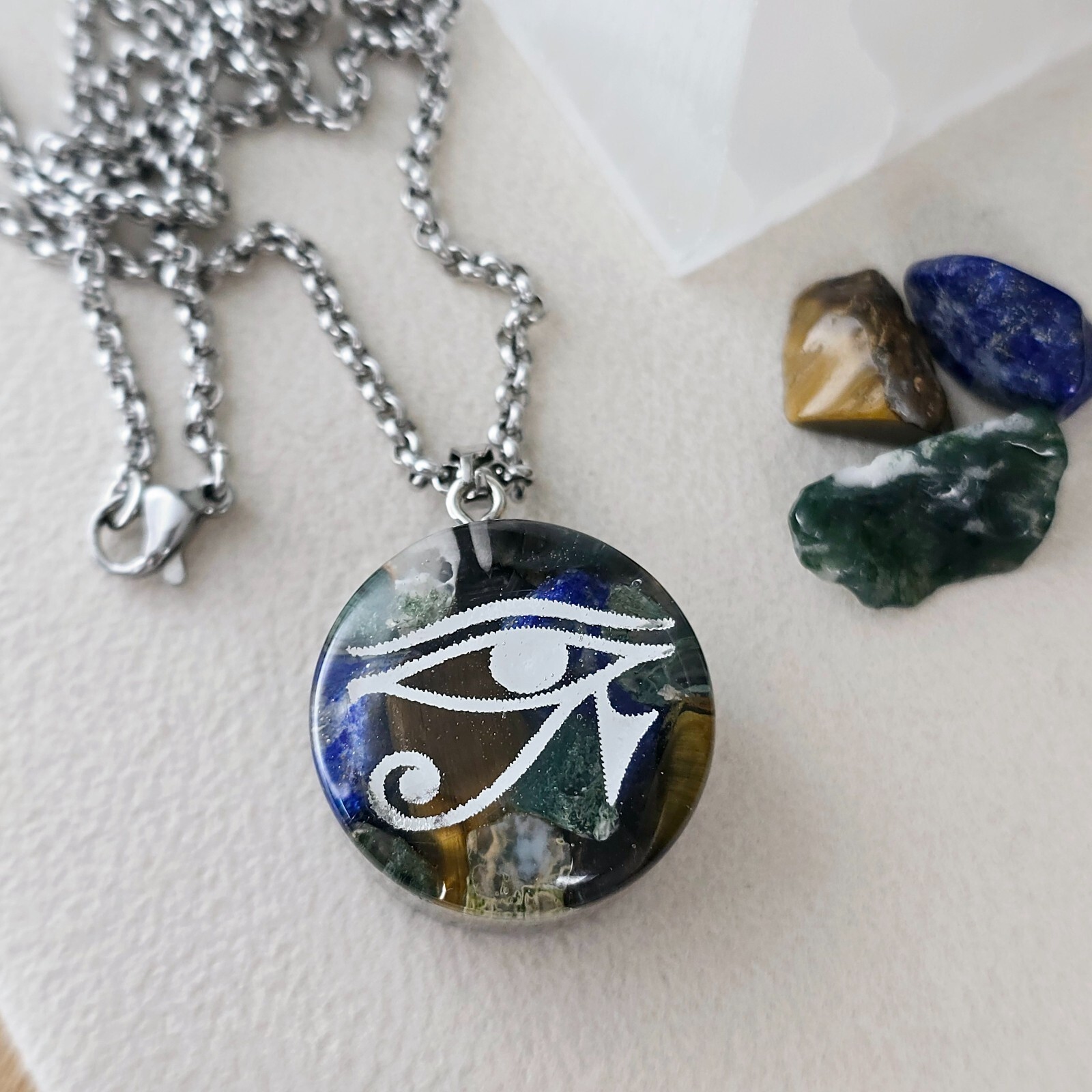 Horus Eye Orgonite – Custom Orgone Generator for protection, health +50 crystals