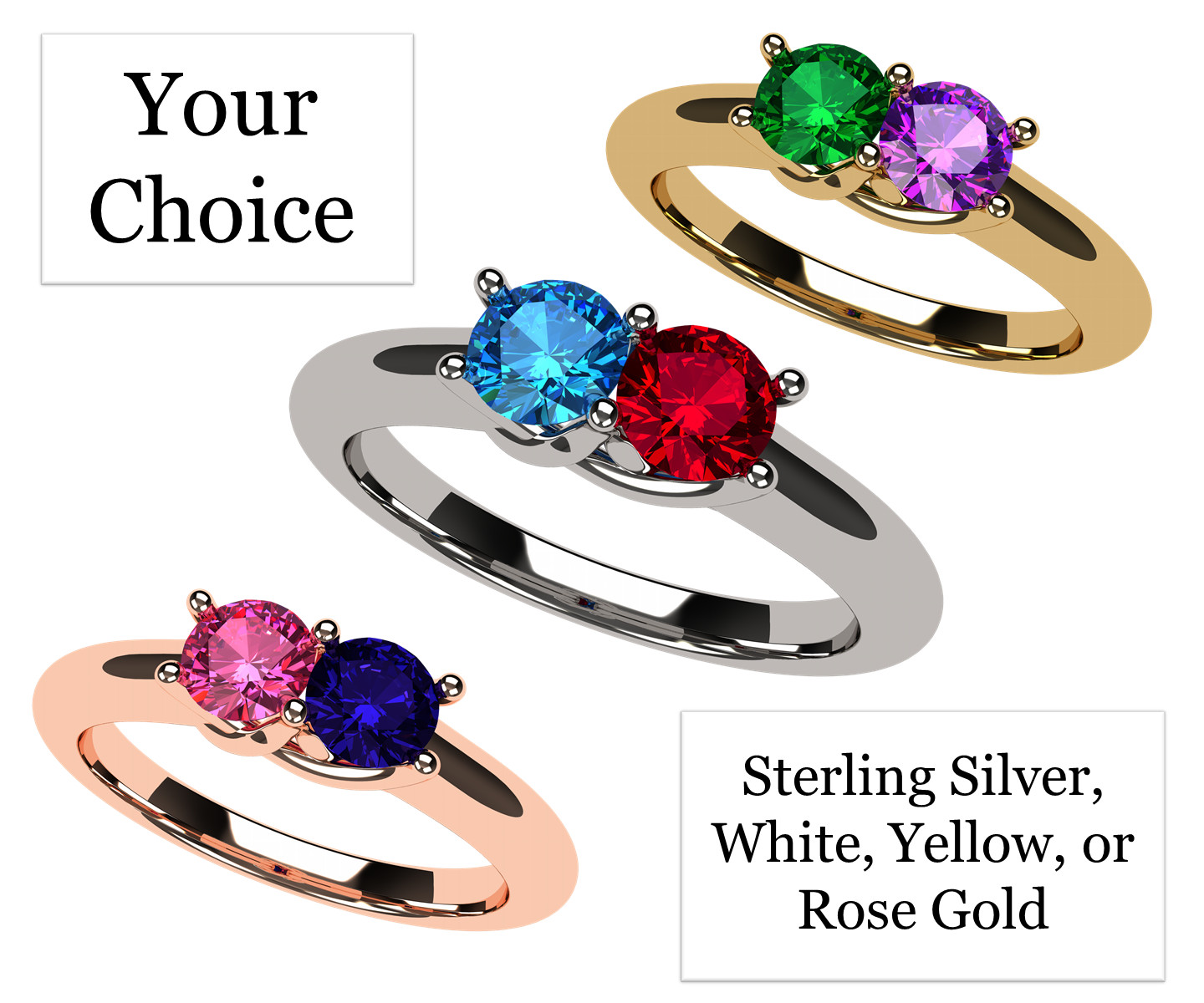 NANA Lucita Couples Ring With 2 Simulated Birthstones in Sterling Silver or 10K