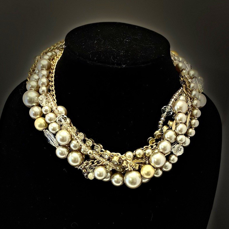 LOFT Gold Tone Layered Statement Necklace Imitation Pearl Crystal 18″ Adjust