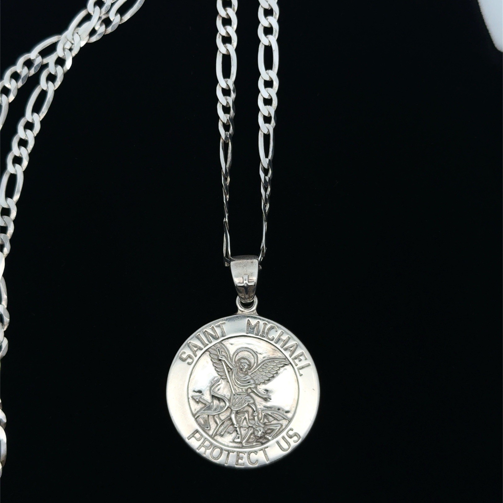 Peter Stone Saint Michael Sterling Silver Pendant On 20” Figaro Necklace, 21.5g